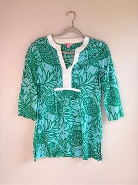 Lilly Pulitzer Cotton Green Pineapple Print Tunic Blouse Size S